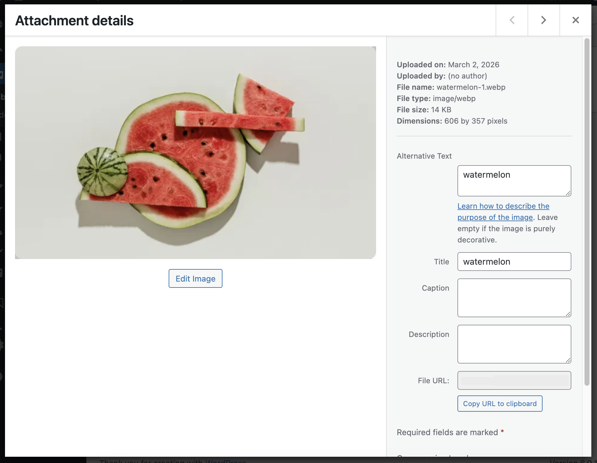 Attachment detail view showing title and alt text